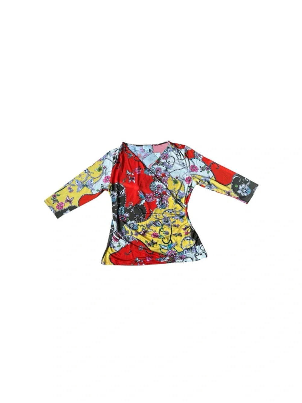 NWT Carmen Marc Valvo Kitschy Y2K Retro Paisley Patchwork Ruched Bohemian Blouse - Picture 2 of 10